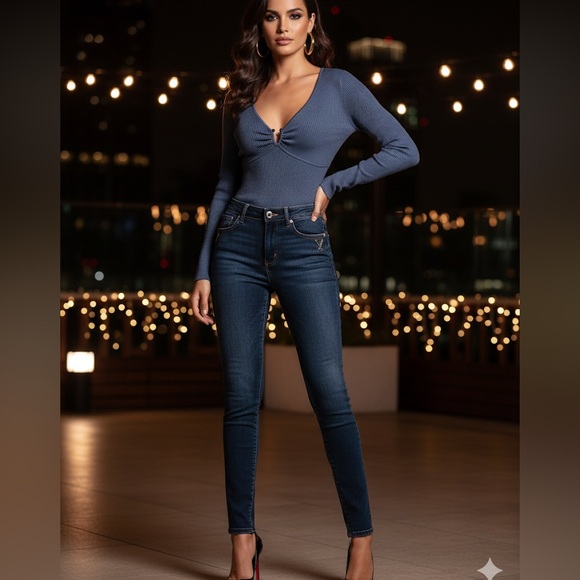 Guess Blue Ribbed Long Sleeve Deep V Neck Luxury Top M - Picture 1 of 11